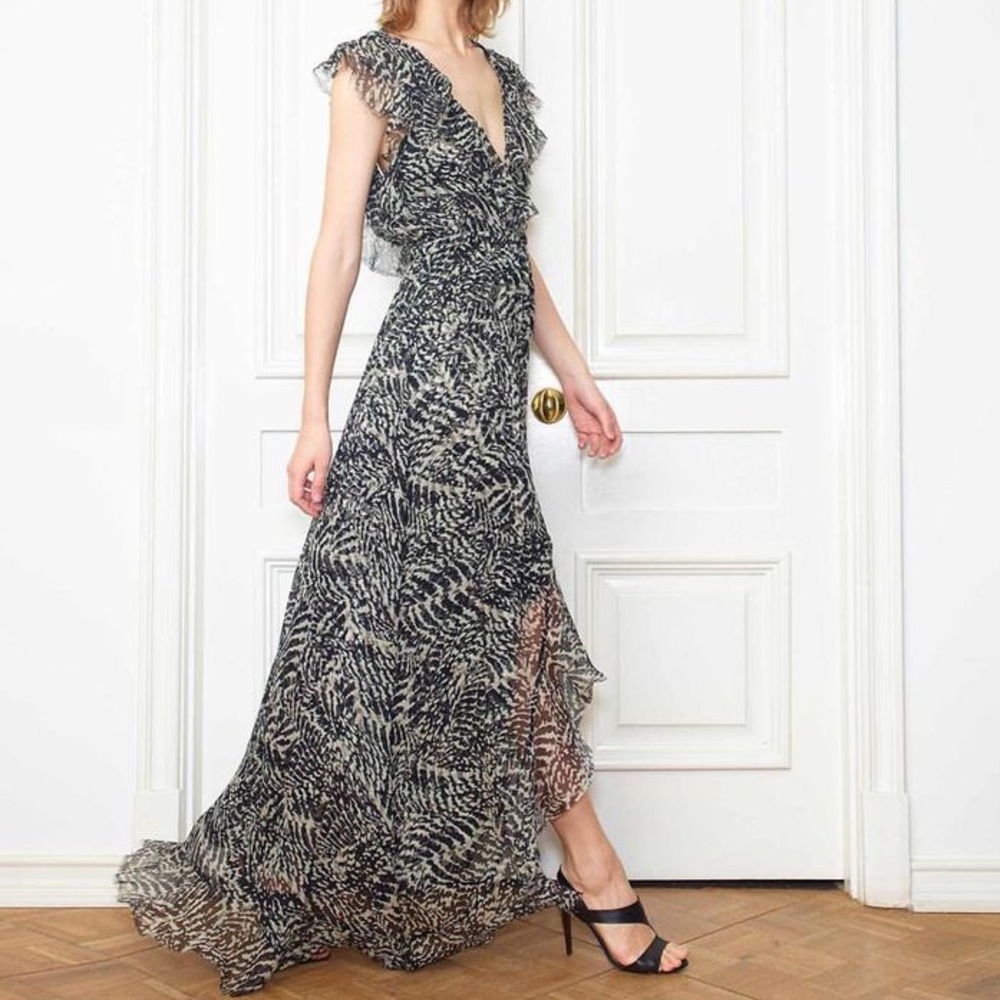 L’Agence Sophie Ruffle-Trim Flutter Maxi Dress, Size 2